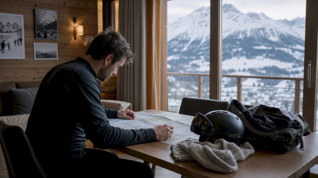 Un homme s’organise autour de la table pour préparer son séjour aux sports d’hiver.