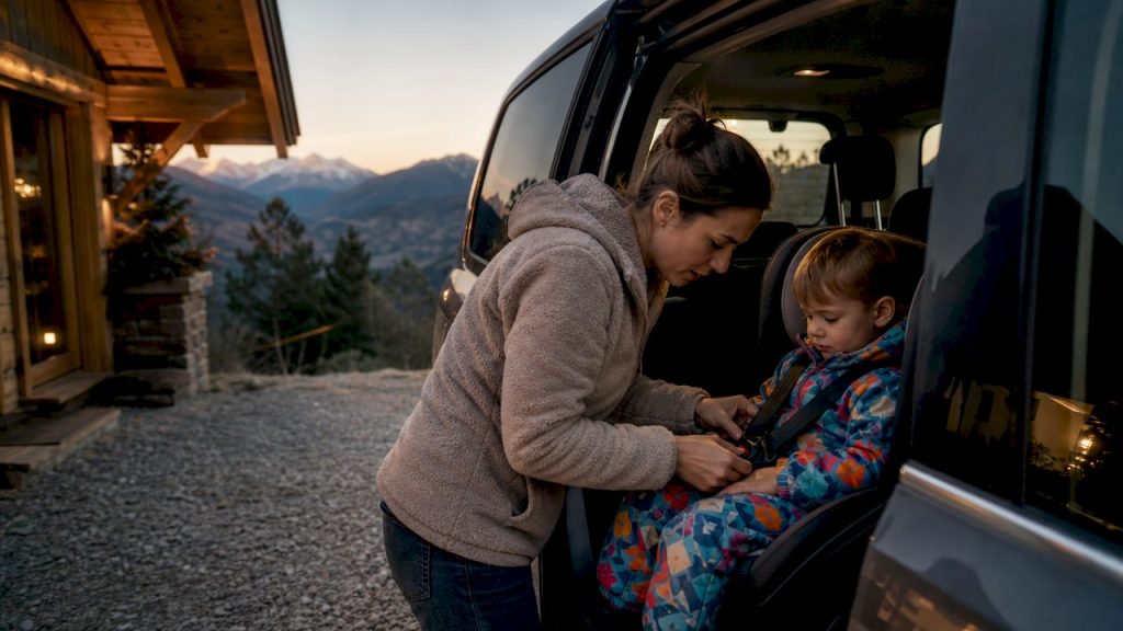 Un parent attache soigneusement son enfant dans un siège auto, avec pour toile de fond les majestueuses montagnes alpines.