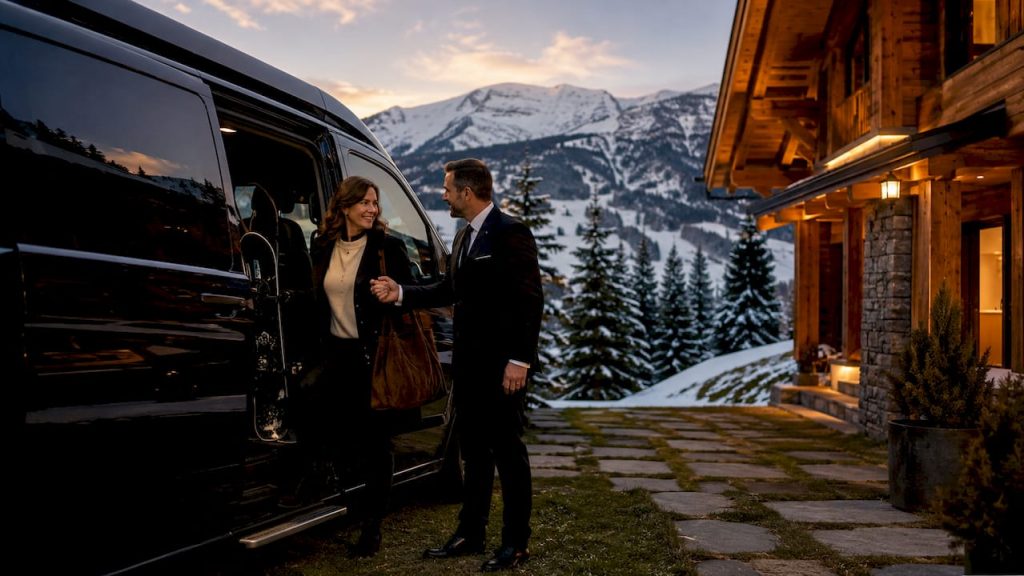 Un chauffeur aide un voyageur à monter dans la navette à l’aéroport.