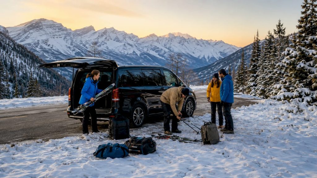 Un groupe de personnes en train de charger leurs affaires dans un van, au cœur des montagnes.