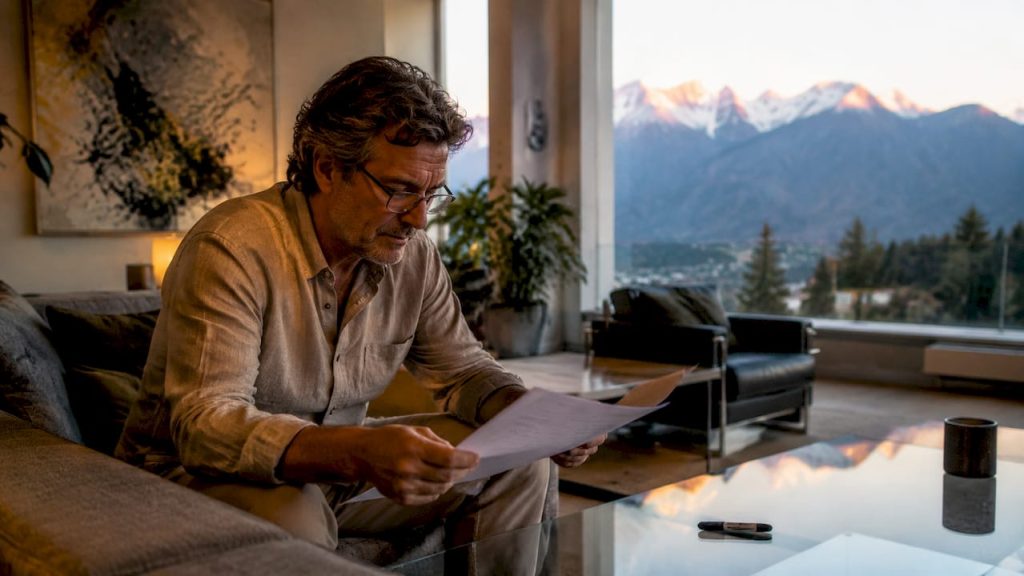 Un chef d’entreprise étudie un dossier concernant le transfert de ses activités vers la Suisse.