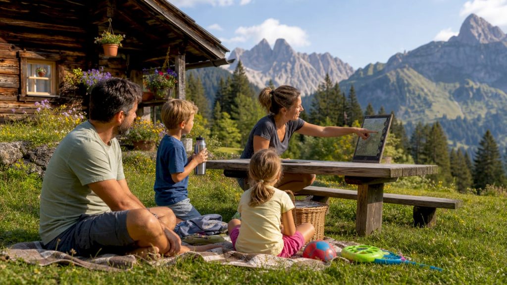 Une famille se prépare à partir en randonnée en montagne, devant leur chalet.