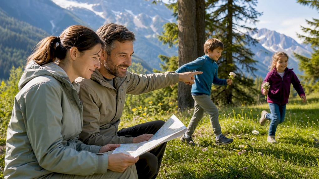 Aux premières lueurs du jour, une famille décharge son SUV garé au bord d'une route de montagne, prête à profiter pleinement de cette matinée en pleine nature.