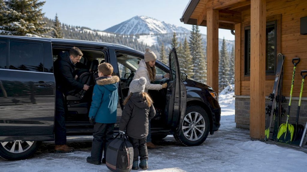 Une famille se prépare à partir en voiture pour un séjour à la montagne.