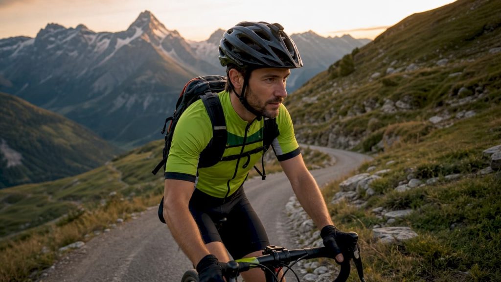 Un cycliste attaque les pentes alpines, profitant des premières lueurs du matin pour gravir la montagne.