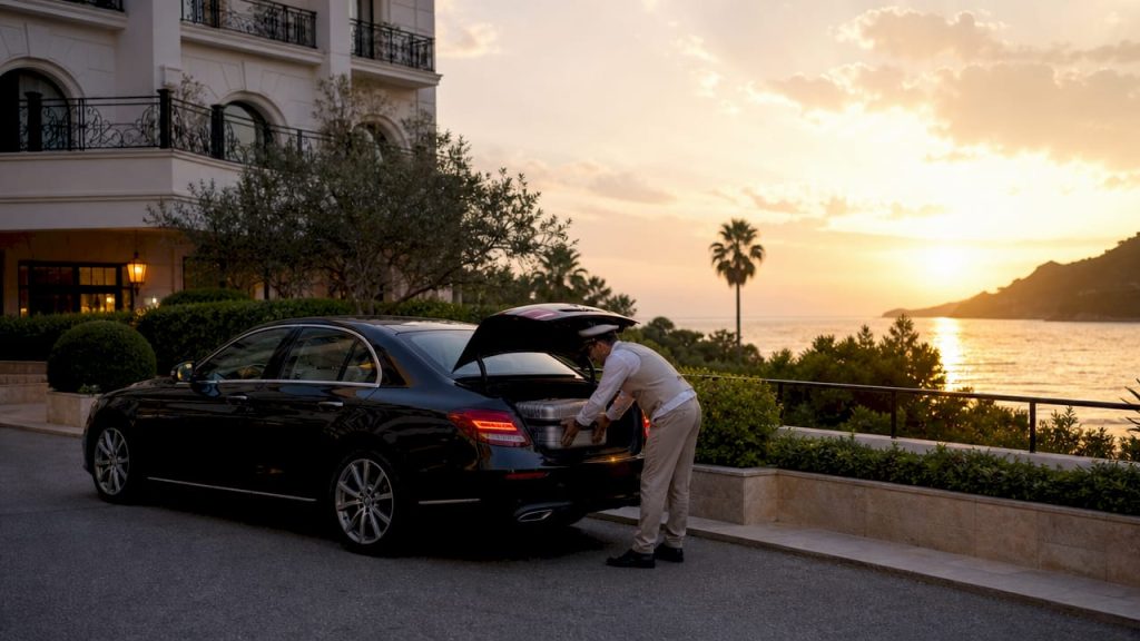 Un chauffeur privé s'occupe de charger les valises à côté d'une voiture de luxe.
