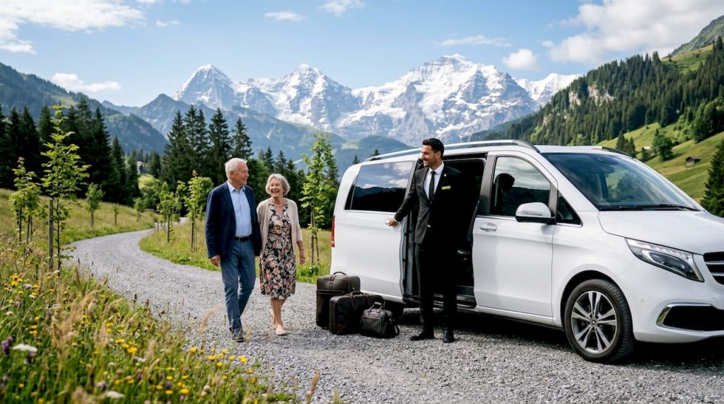 En plein été, dans les Alpes, un chauffeur ouvre la portière de sa voiture.